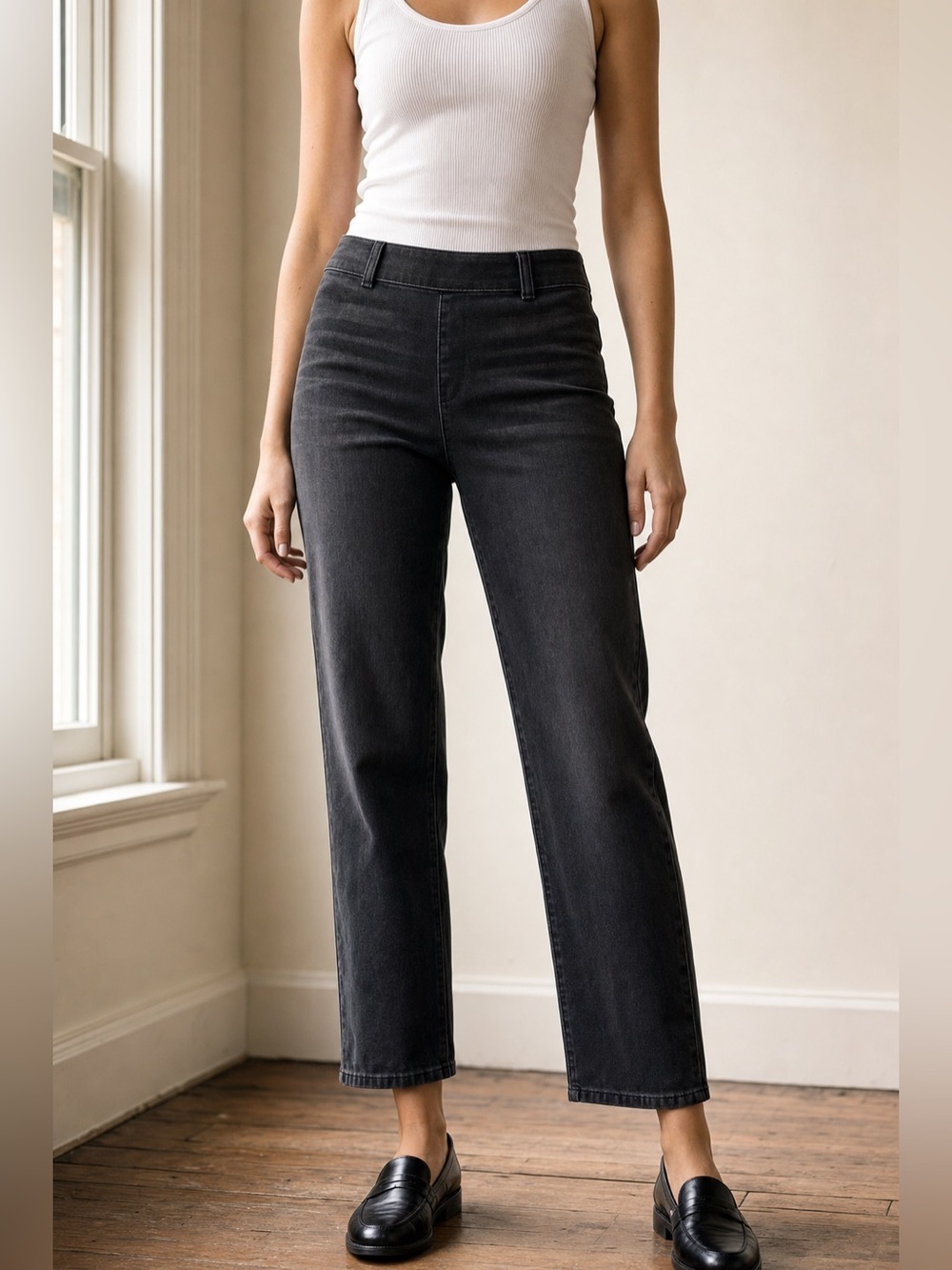 Good American Pull-On Straight Jeans Black Sz M Pull-On Denim Comfort Stretch